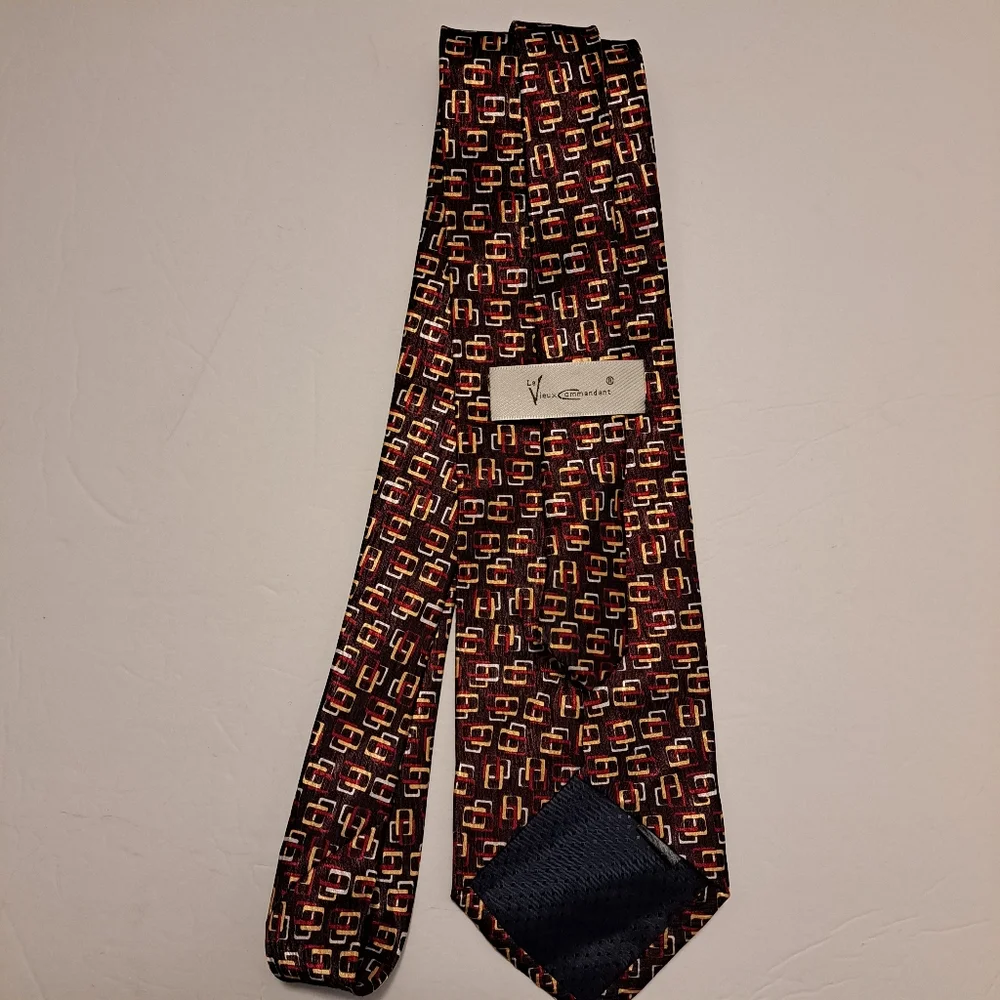 LeVieux Commandant Silk Brown Gold White Red Interlock Squares Tie